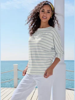 T-shirt à manches 3/4 rayures structurées coupe ample coton viscose