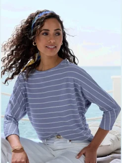 T-shirt à manches 3/4 rayures structurées coupe ample coton viscose
