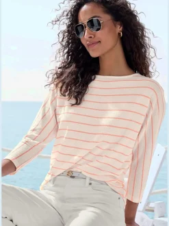 T-shirt à manches 3/4 rayures structurées coupe ample coton viscose