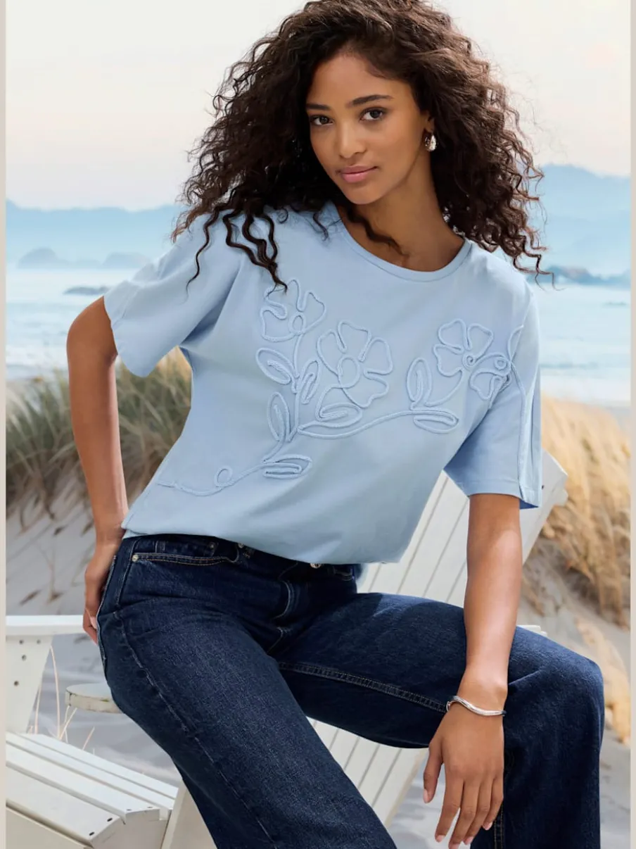 T-shirt à motif floral brodé avec mancherons en coton biologique