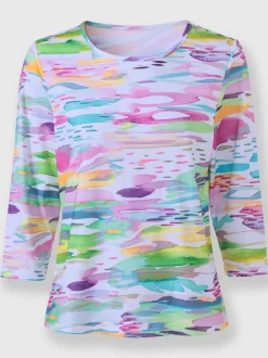 T-shirt à motifs colourés manches trois quarts encolure ronde