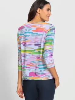 T-shirt à motifs colourés manches trois quarts encolure ronde