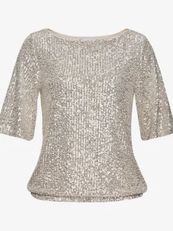 T-shirt à paillettes avec large encolure ronde et manches mi-longues