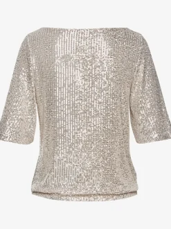 T-shirt à paillettes avec large encolure ronde et manches mi-longues