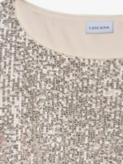 T-shirt à paillettes avec large encolure ronde et manches mi-longues