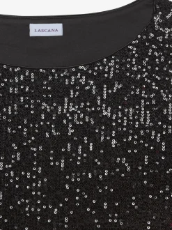 T-shirt à paillettes avec large encolure ronde et manches mi-longues