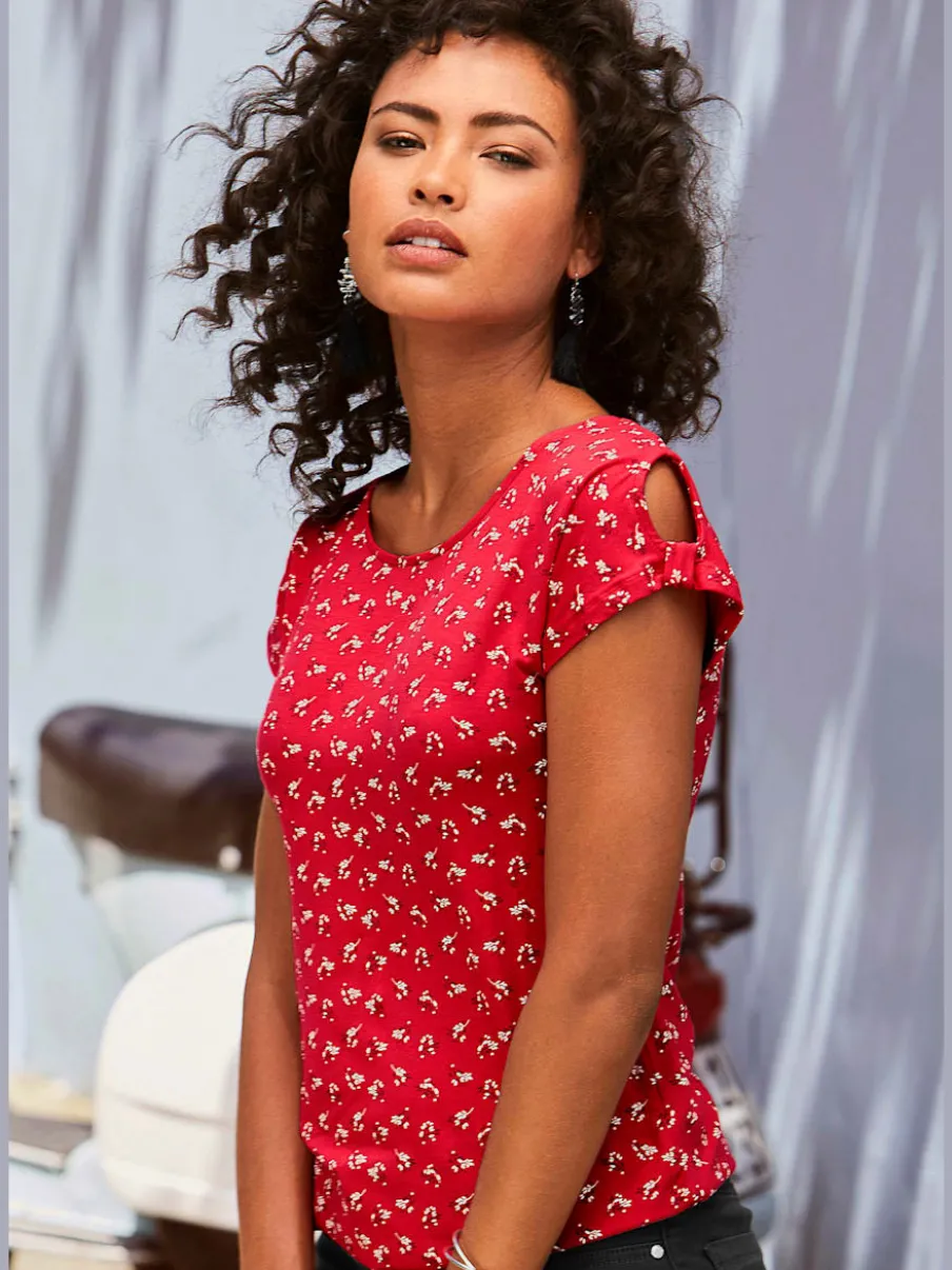 T-shirt à petits nœuds et découpe aux manches avec motif floral