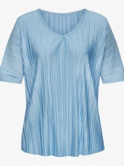 T-shirt plissé en tissu brillant avec col V et manches chauve-souris