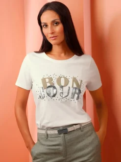 T-shirt pur coton avec inscription et paillettes décoratives