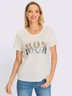 T-shirt pur coton avec inscription et paillettes décoratives