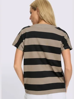 T-shirt pur coton à col rond avec mancherons et rayures brillantes