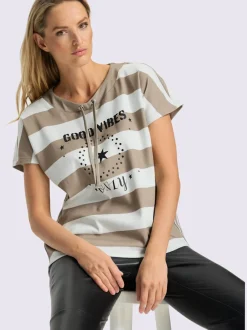 T-shirt pur coton à col rond avec mancherons et rayures brillantes