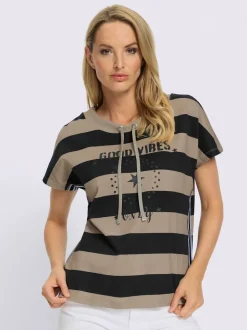 T-shirt pur coton à col rond avec mancherons et rayures brillantes