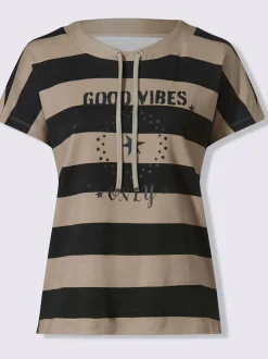 T-shirt pur coton à col rond avec mancherons et rayures brillantes