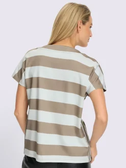 T-shirt pur coton à col rond avec mancherons et rayures brillantes