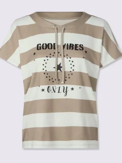 T-shirt pur coton à col rond avec mancherons et rayures brillantes