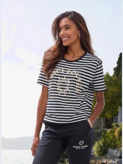 T-shirt rayé avec col rond et grand imprimé devant