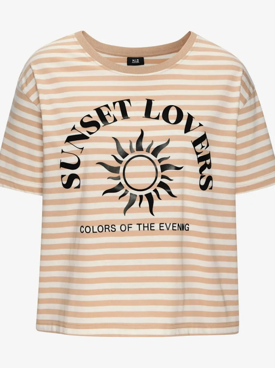 T-shirt rayé avec col rond et grand imprimé devant