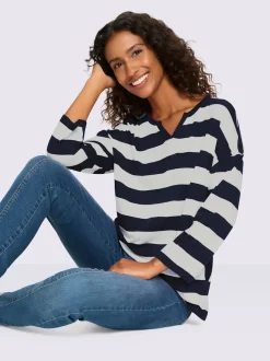 T-shirt rayé à empiècements avec col arrondi manches trois-quarts