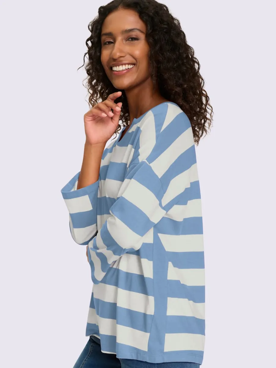 T-shirt rayé à empiècements avec col arrondi manches trois-quarts
