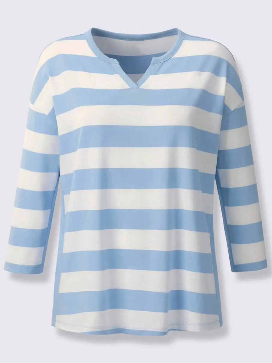 T-shirt rayé à empiècements avec col arrondi manches trois-quarts