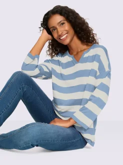 T-shirt rayé à empiècements avec col arrondi manches trois-quarts