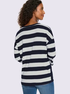 T-shirt rayé à empiècements avec col arrondi manches trois-quarts