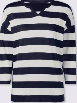 T-shirt rayé à empiècements avec col arrondi manches trois-quarts