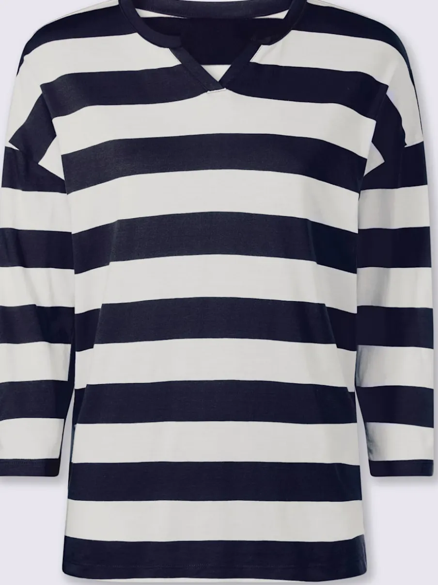 T-shirt rayé à empiècements avec col arrondi manches trois-quarts