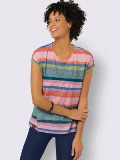 T-shirt rayé à encolure ronde et mancherons repliés