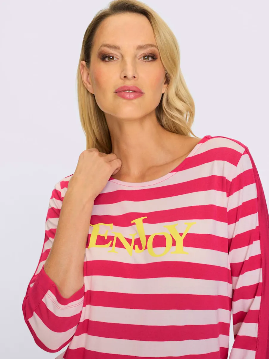 T-shirt à rayures avec inscription col rond manches trois quarts