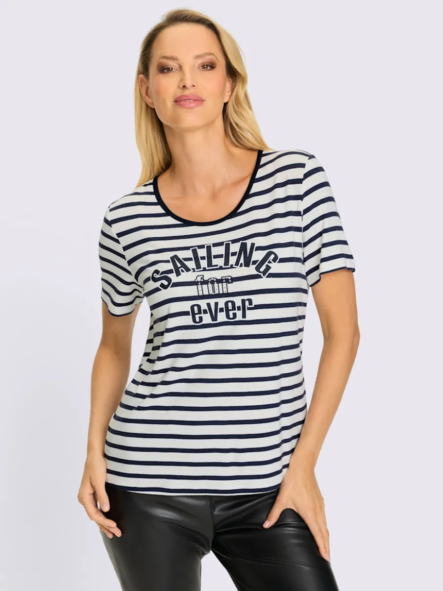 T-shirt à rayures marinières avec inscription brillante et manches courtes