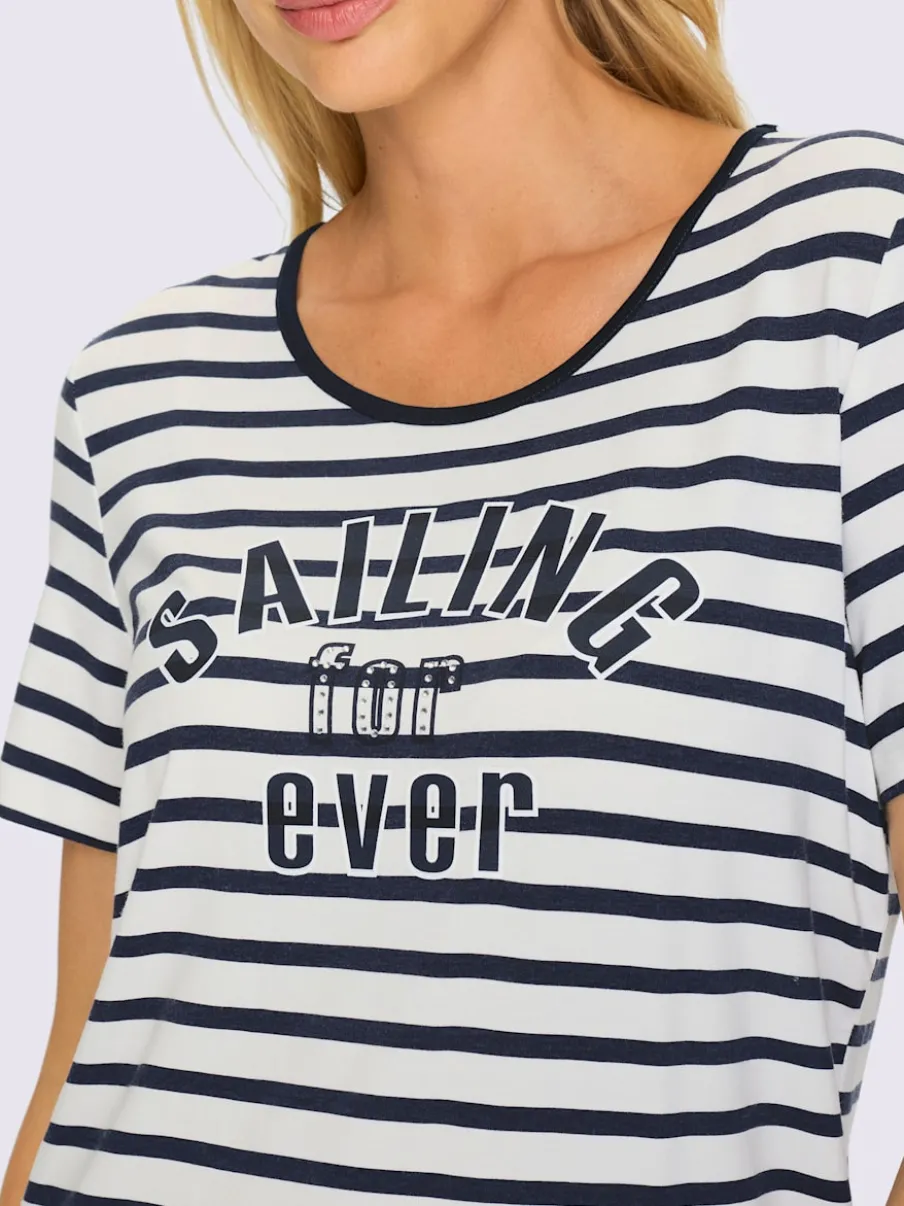 T-shirt à rayures marinières avec inscription brillante et manches courtes