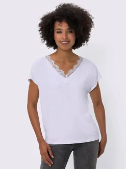 T-shirts avec col V et dentelle élégante sur le col