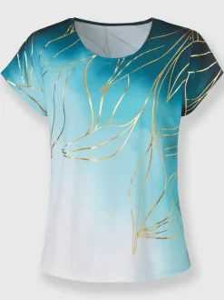 T-shirts avec imprimé feuilles dorées encolure ronde mancherons