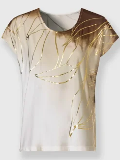 T-shirts avec imprimé feuilles dorées encolure ronde mancherons