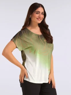 T-shirts avec imprimé feuilles dorées encolure ronde mancherons