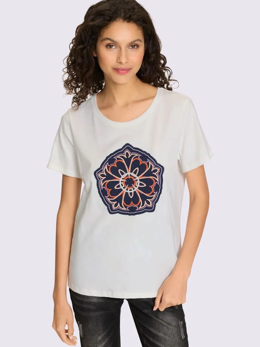 T-shirts avec motif floral brodé encolure ronde manches courtes