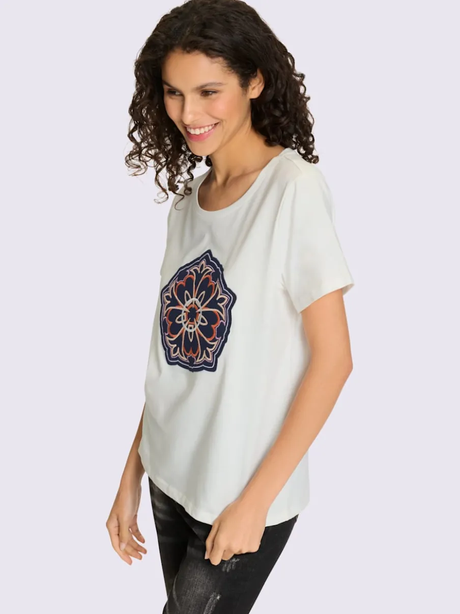 T-shirts avec motif floral brodé encolure ronde manches courtes