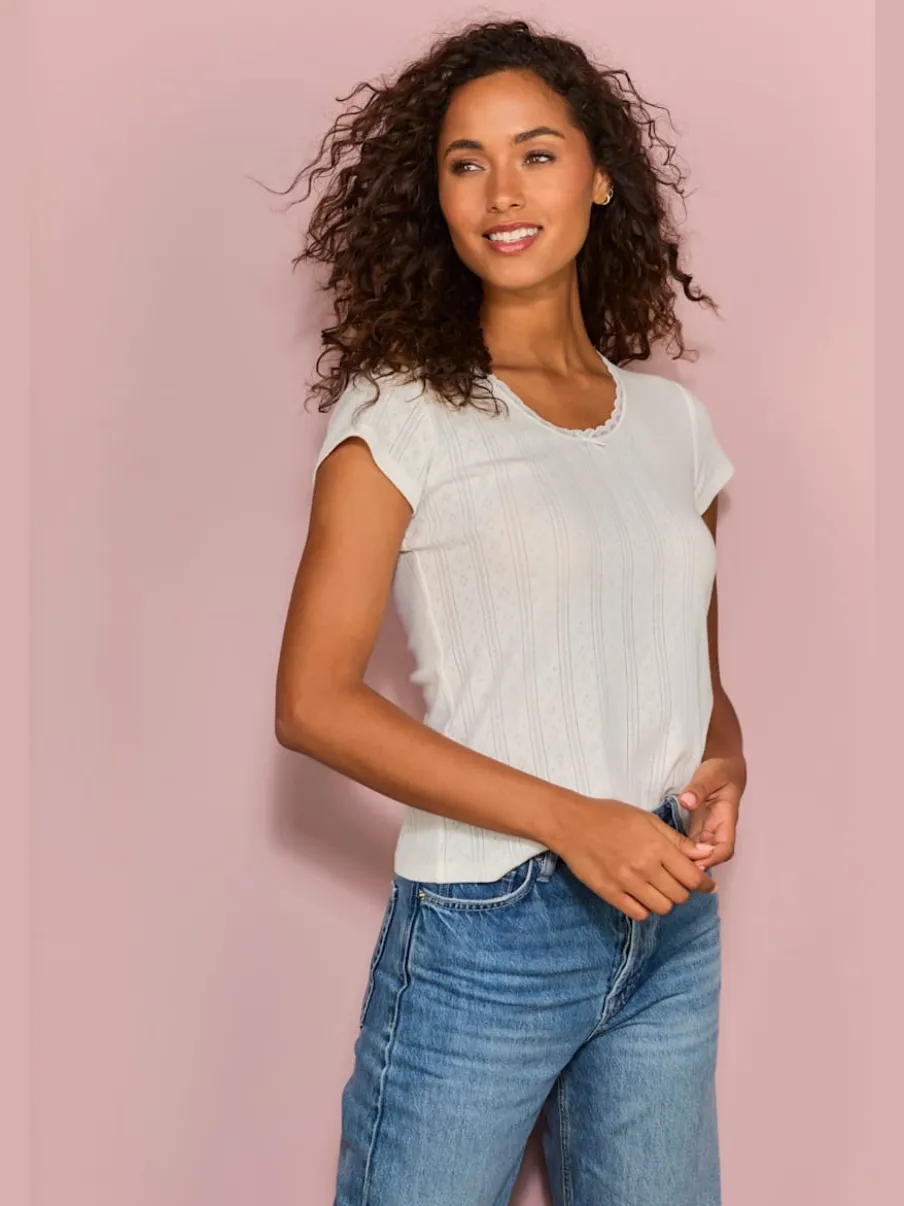 T-shirts à col rond manches courtes coton doux et ajouré