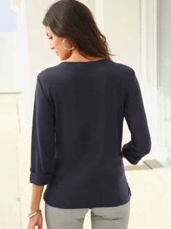T-shirts col V imprimé avec manches trois quart scintillantes