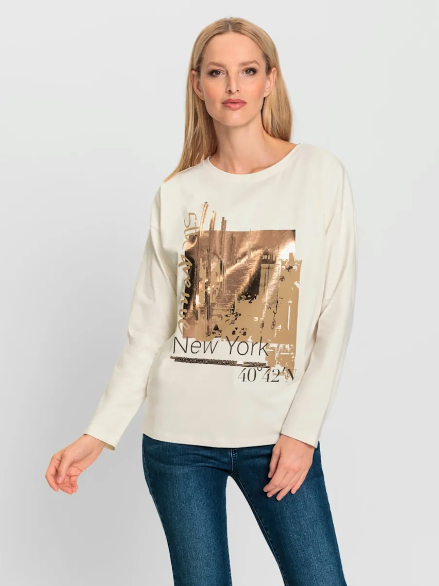 T-shirts à encolure ronde avec imprimé brillant devant