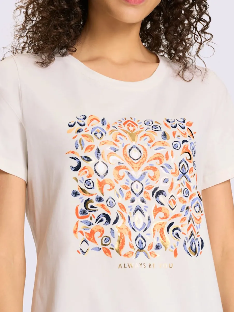 T-shirts à encolure ronde avec motif feuille métallisé