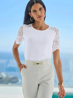 T-shirts à manches courtes avec dentelle et encolure ronde