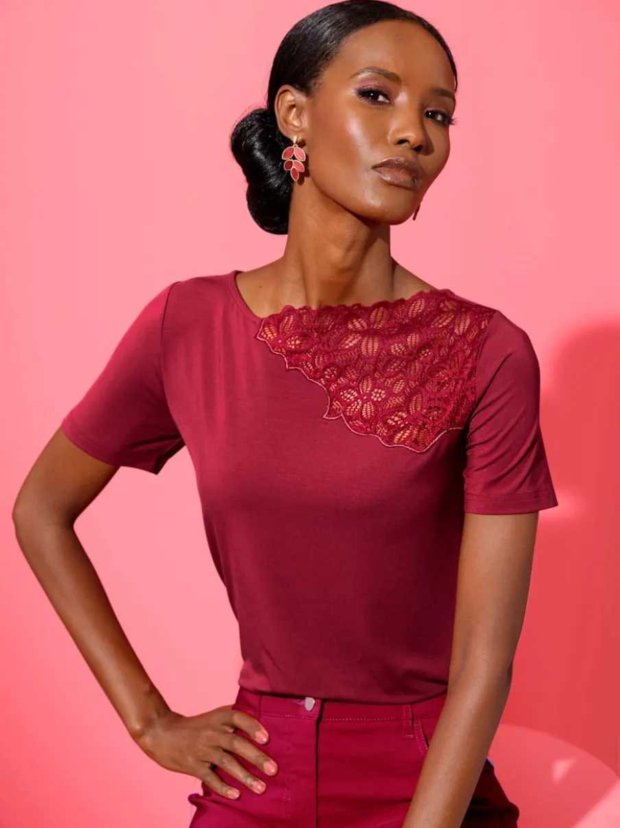 T-shirts à manches courtes en modal avec dentelle brodée