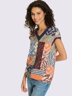 T-shirts à manches courtes en v coton patchwork doux