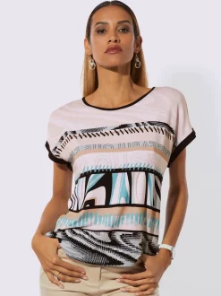 T-shirts à motifs géométriques à encolure ronde et mancherons