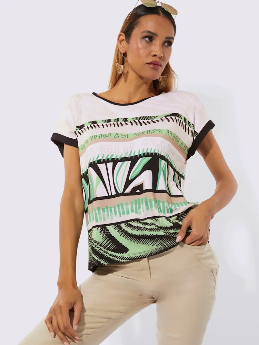 T-shirts à motifs géométriques à encolure ronde et mancherons