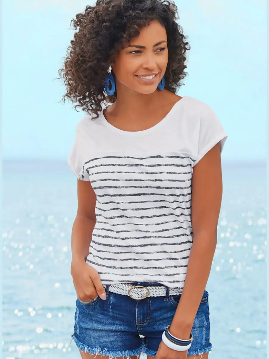 T-shirts rayés à ourlet droit en coton structuré