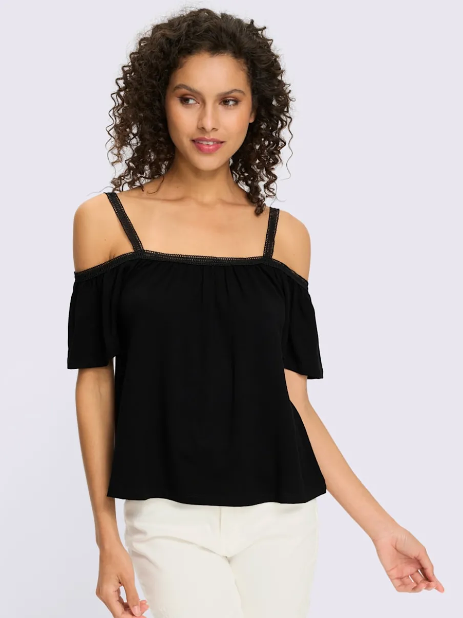T-shirt évasé à encolure Carmen avec bretelles en dentelle